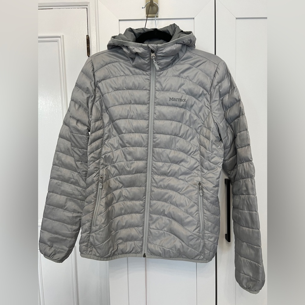 Marmot Gray Quilted 600 Goose Down Filled Puffer Jacket Womens Sz S W/hood
